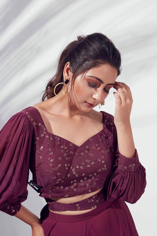 Wine Georgette Flared Pant Set