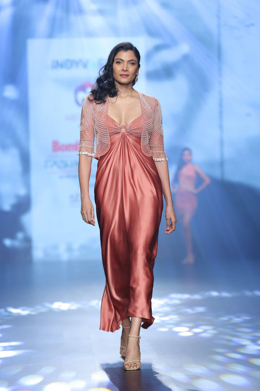Nectarine Cut-out Dress Teamed with an Embellished Jacket