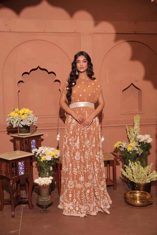 Mocha Blossom Embroidered Georgette Saree Set