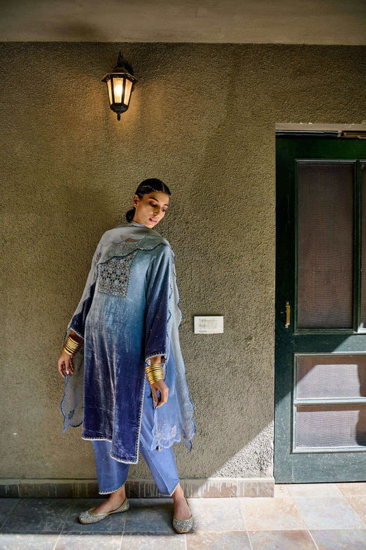 Blue Ombre Kurta, Pant And Dupatta Set