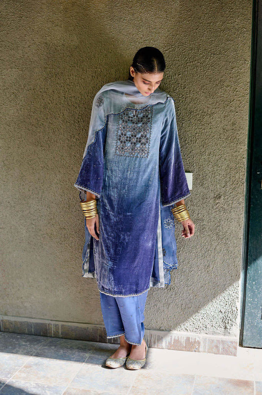 Blue Ombre Kurta, Pant And Dupatta Set