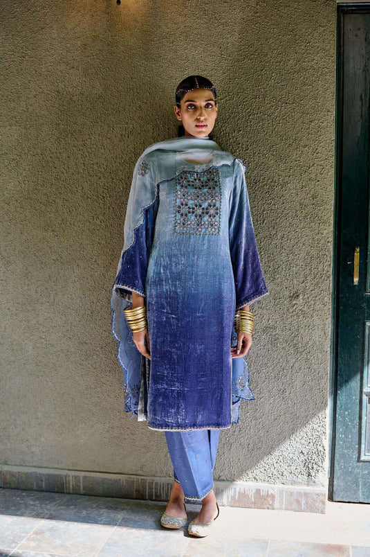 Blue Ombre Kurta, Pant And Dupatta Set