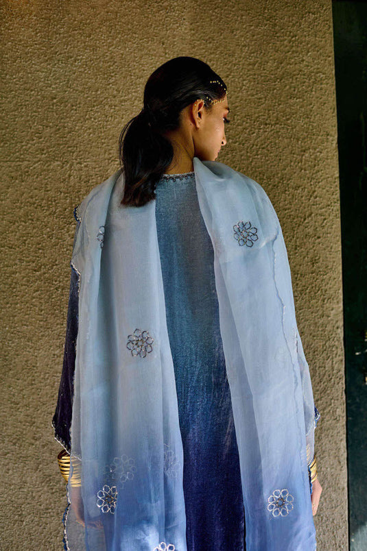Blue Ombre Kurta, Pant And Dupatta Set