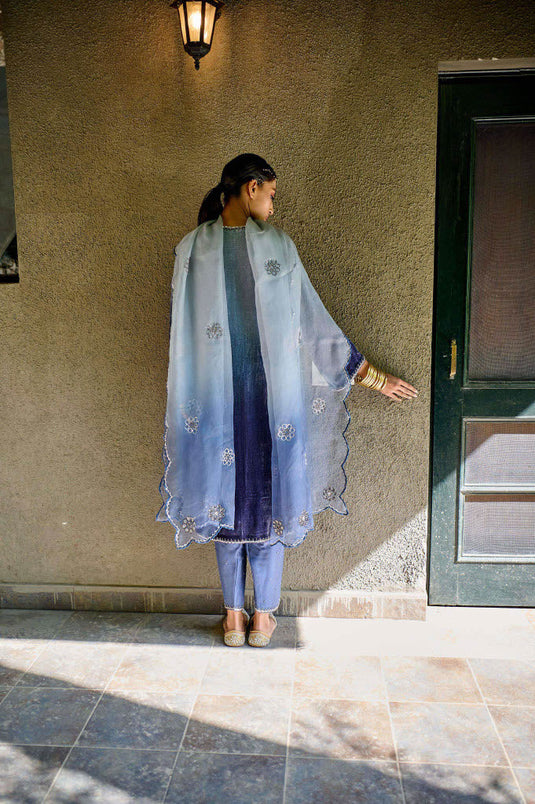 Blue Ombre Kurta, Pant And Dupatta Set