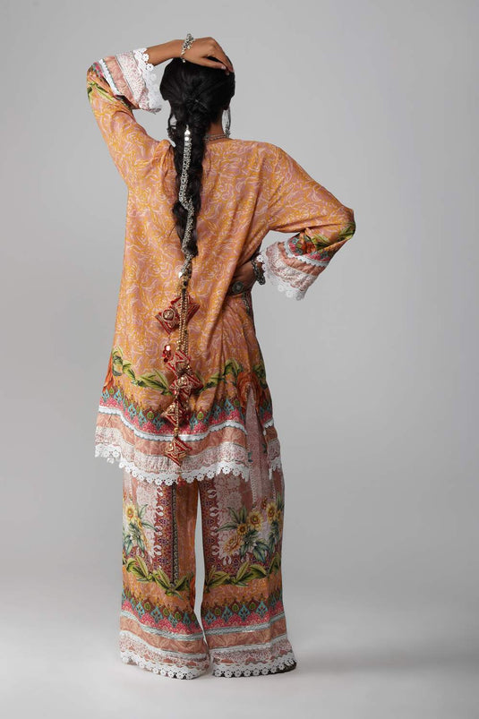 Ishum Blooming Peach Multicolor Floral Cotton Muslin Kurta with Lace Accents