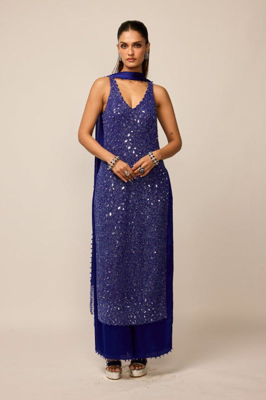 Cocktail Blue V Neck Kurta Set