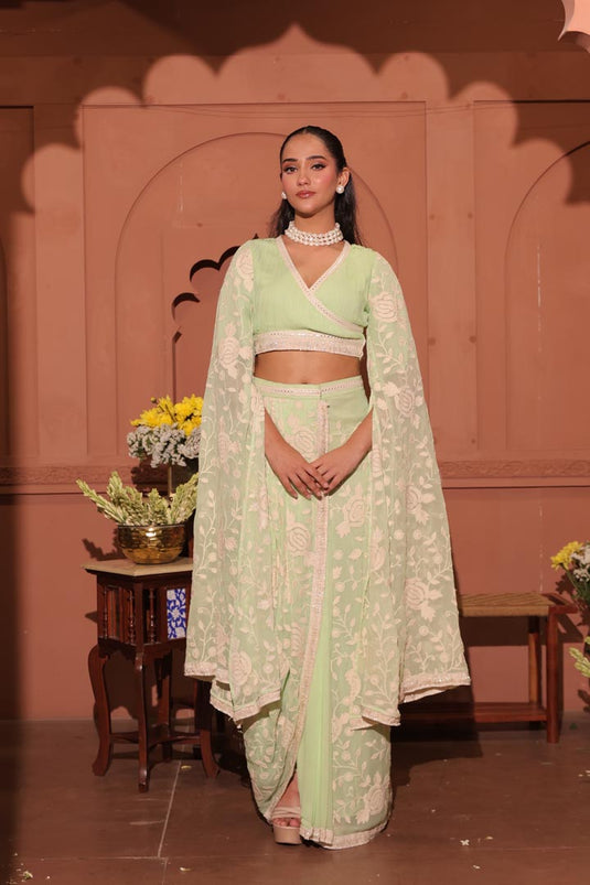 Embroidered Pleated Top with Drape Skirt
