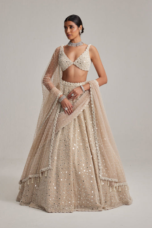 Light Beige Dense mirror and pearl lehenga set With Double Dupatta