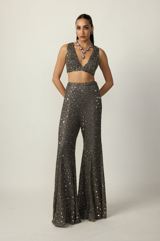 Metallic Grey Blouse Sharara Pant Set