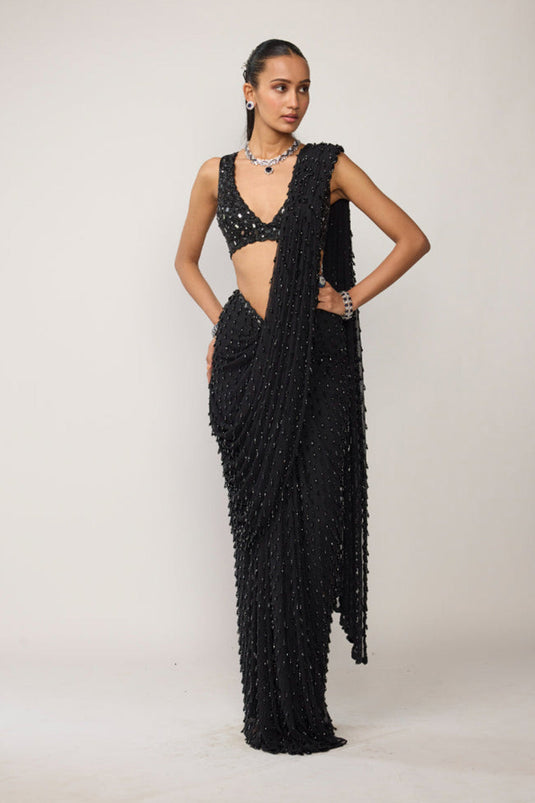 Black Single Drop V Neck Saree Set