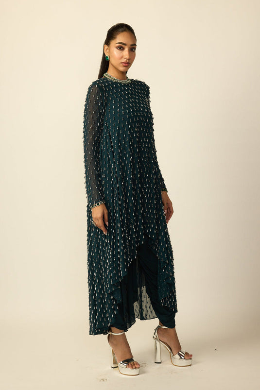 Dark Teal Silver Drop Kurta With Stole