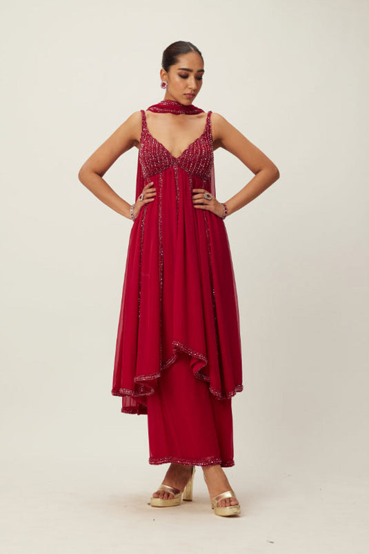Ruby Red crystal embellished Kurta Set