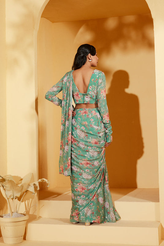 GREEN PRE DRAPE FLORAL SAREE
