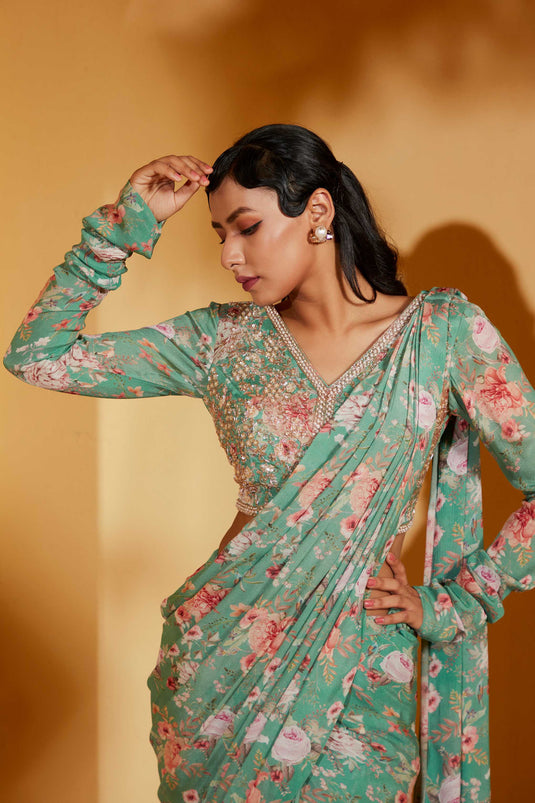 GREEN PRE DRAPE FLORAL SAREE