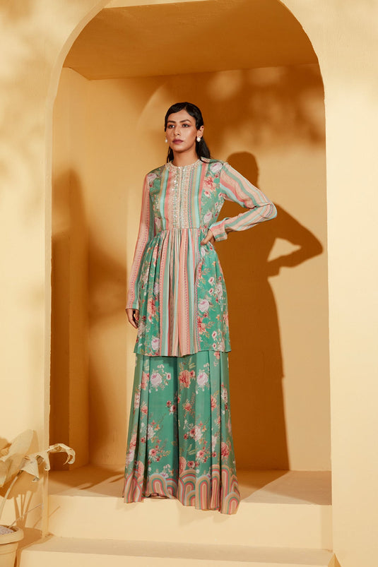 Green Printed peplum top with pants
