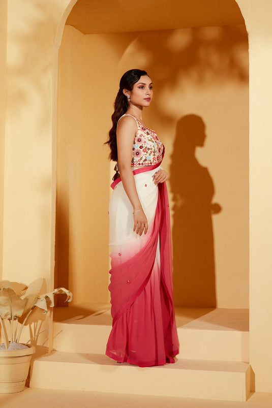 OFF WHITE AND PINK OMBRE SAREE SET