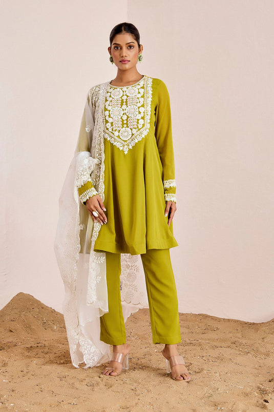 GREEN SHORT ANARKALI WITH ORGANZA DUPATTA
