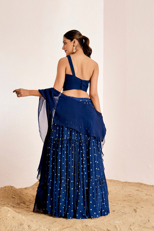 NAVY BLUE ONE SHOULDER LAYERED LEHENEGA SET