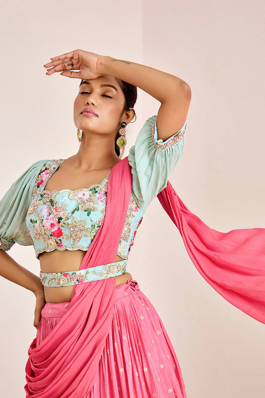 BLUE CORAL NORA LEHENGA SET WITH PRE DRAPE PALLU