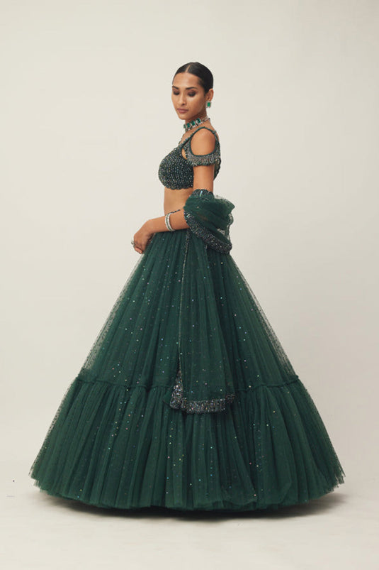 Dark Jade Green Sequins Scattered Tulle Lehenga Set