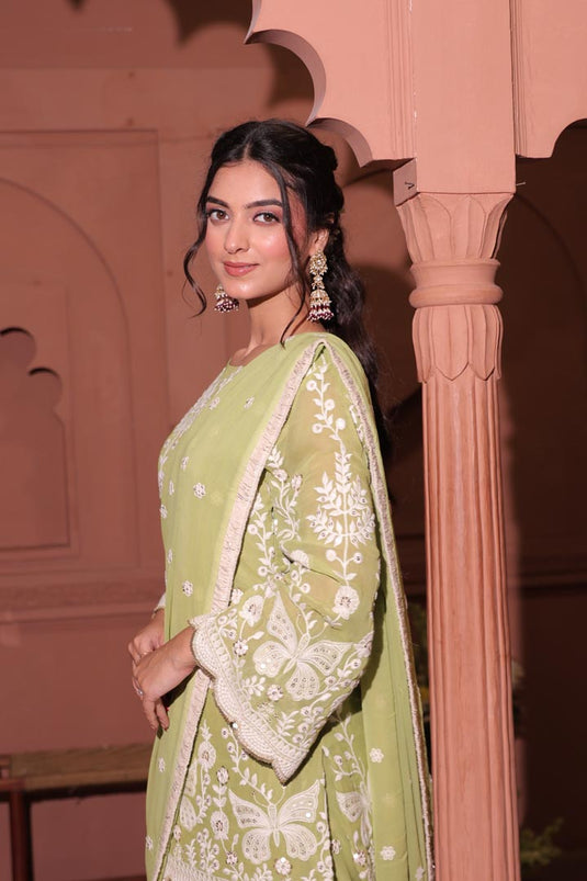 Lime Blossom Embroidered Georgette Saree Set