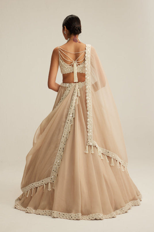 Light Beige Organza mirror and pearl lehenga set