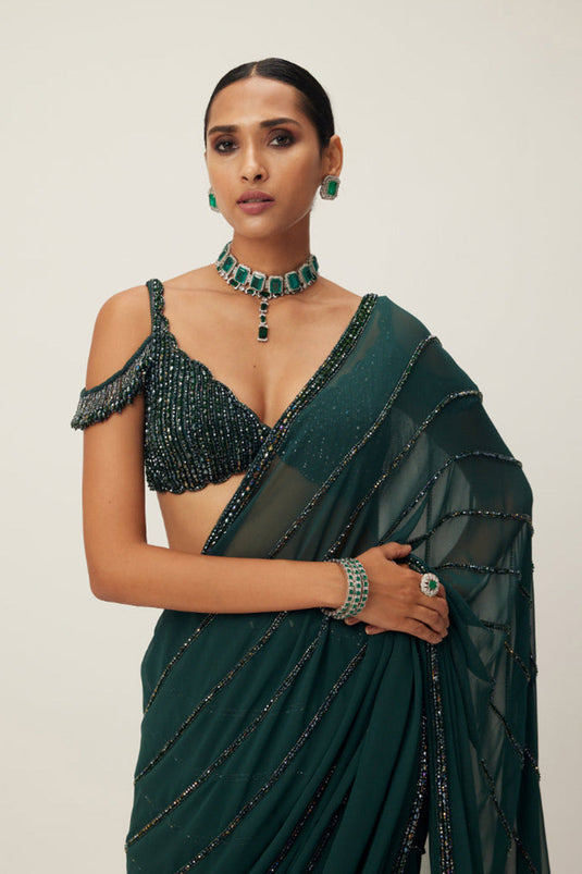 Dark Jade Green Crystal Linear Embroidered Saree