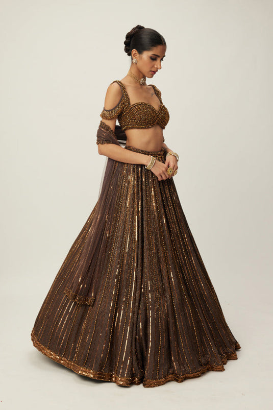 Copper crystal Linear embroidered Lehenga set