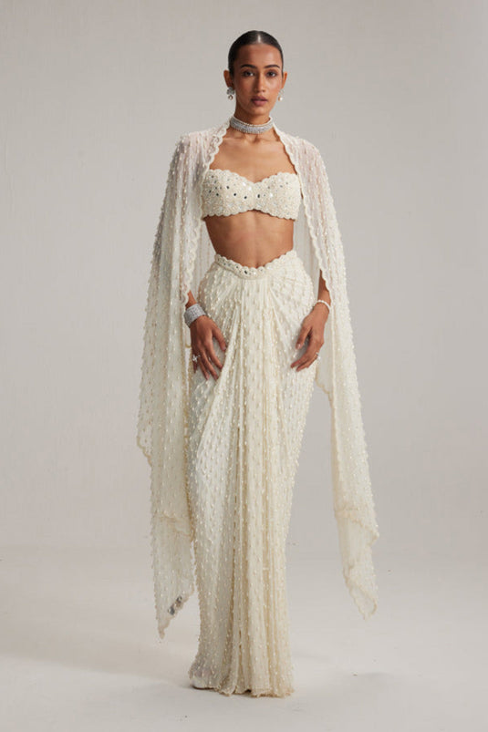 Pearl White Dense Drop Draped Skirt set