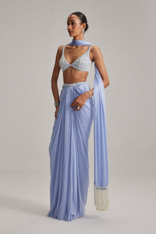 Dew Blue Satin Draped Skirt Set