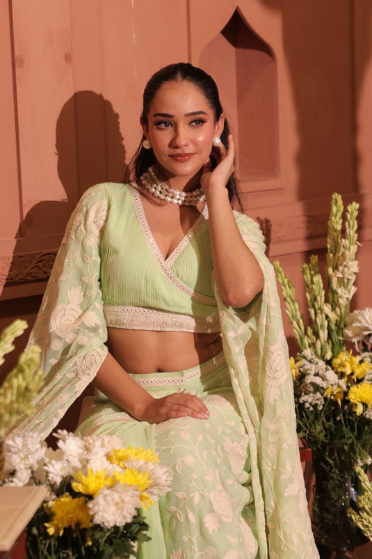 Embroidered Pleated Top with Drape Skirt