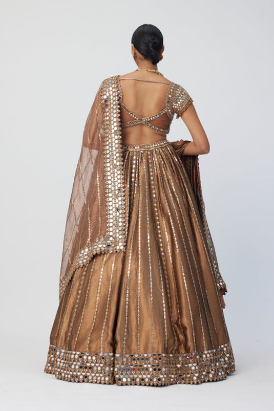 Copper Shimmer Organza Linear Lehenga Set