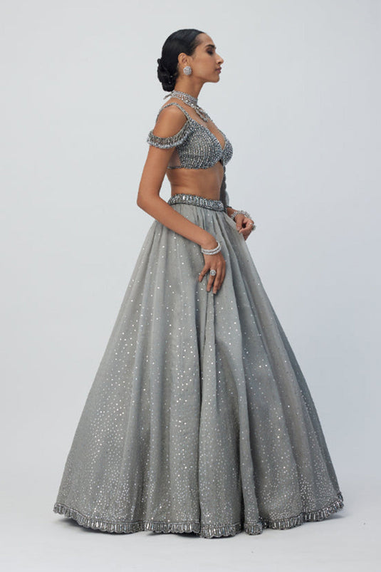 Crystal Grey Sequins Scattered Organza Lehenga Set