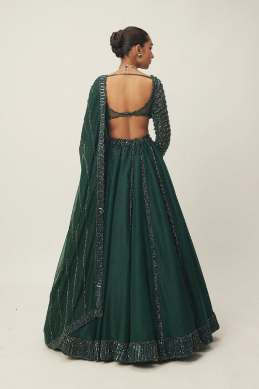 Dark Jade Green Organza Lehenga Set