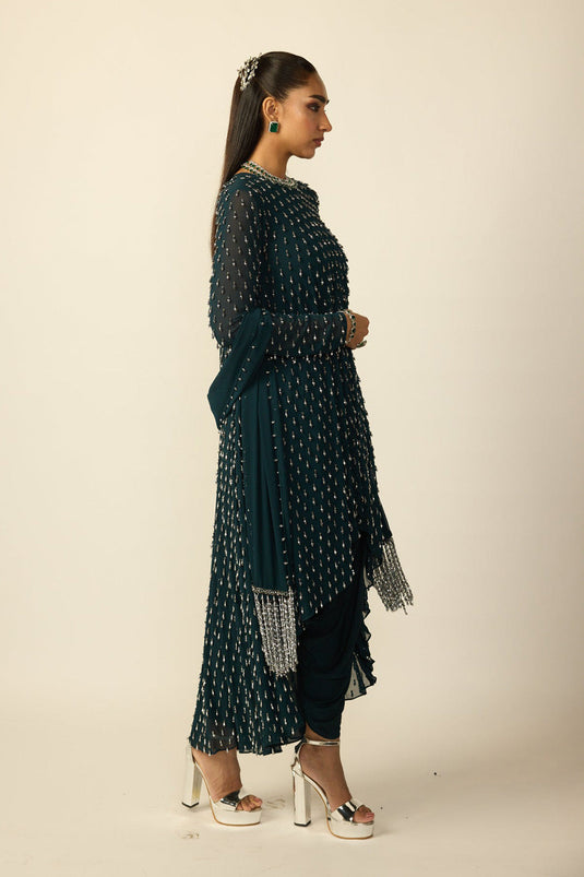 Dark Teal Silver Drop Kurta With Stole