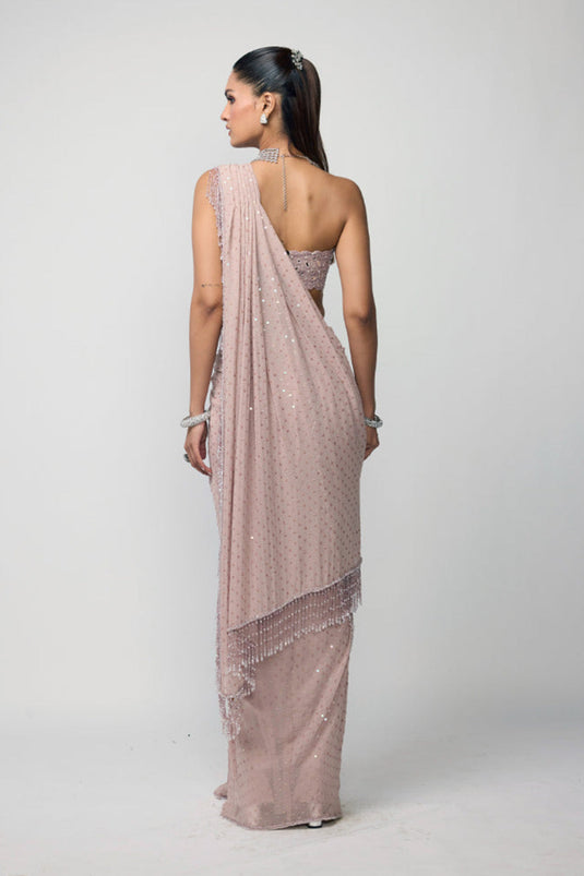 Ash Pink Draped Sequins Embroidered Skirt Set