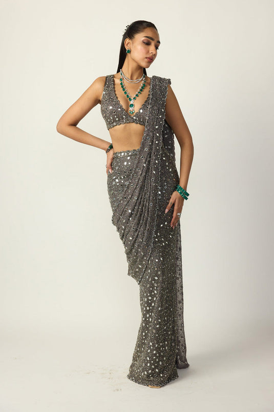 Metallic Grey Draped Saree Set