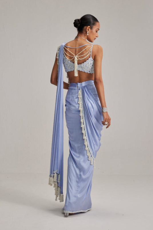 Dew Blue Satin Draped Saree Set