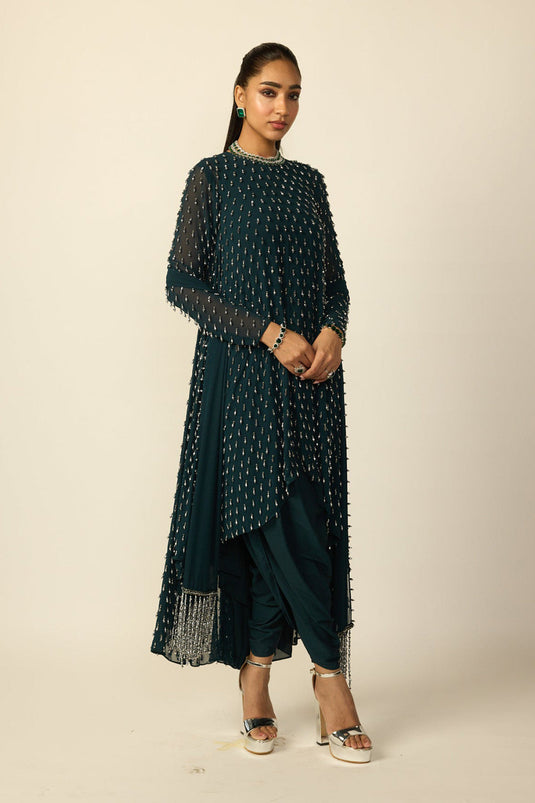 Dark Teal Silver Drop Kurta With Stole