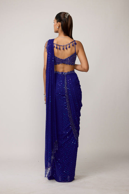 Cocktail Blue Sequins Embroidered Saree Set