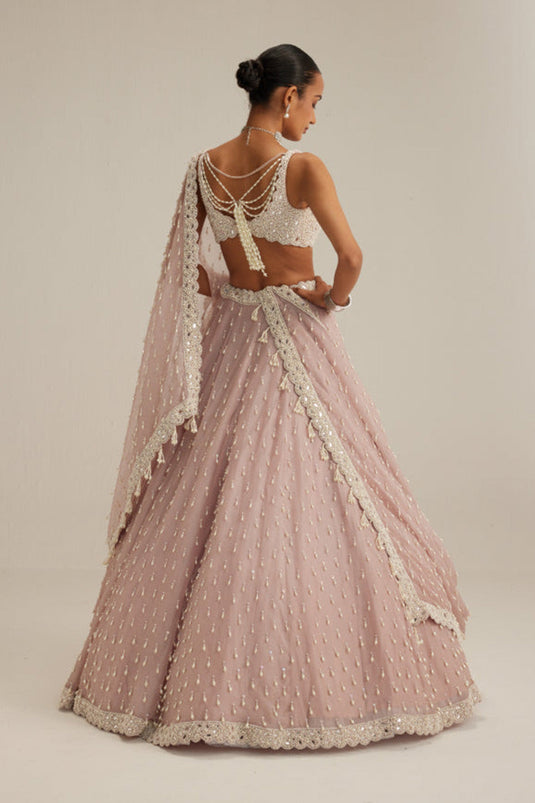 Ash Pink Pearl Drop Organza Lehenga Set