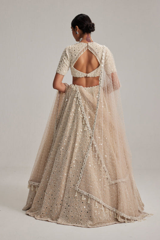 Light Beige Dense Pearl and mirror Lehenga Set with High Neck Blouse, Double Dupatta and Veil