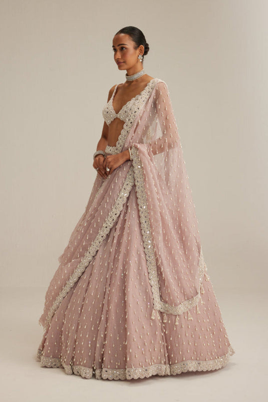 Ash Pink Pearl Drop Organza Lehenga Set