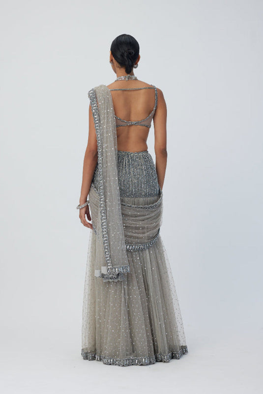 Crystal Grey Sequin Scattered Pre Draped Saree Set