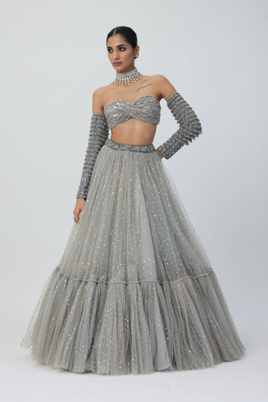 Crystal Grey Tulle Lehenga Set