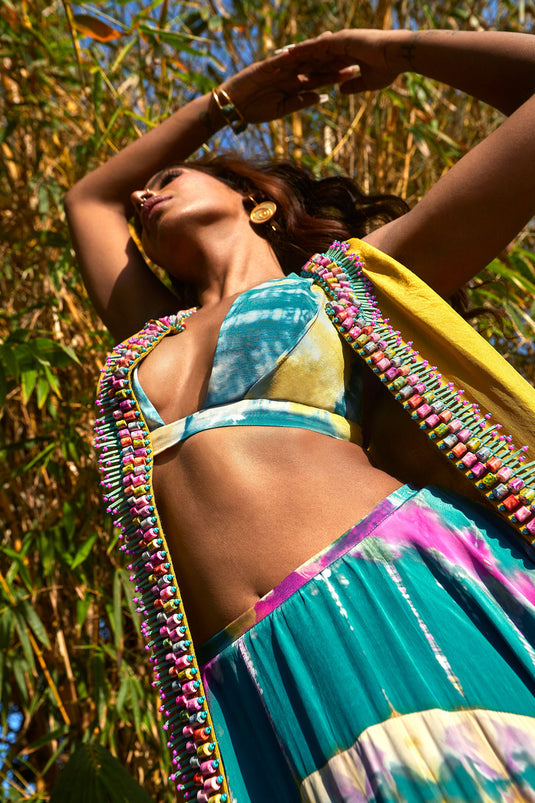 Green Bralette, Jacket and Dhoti Skirt