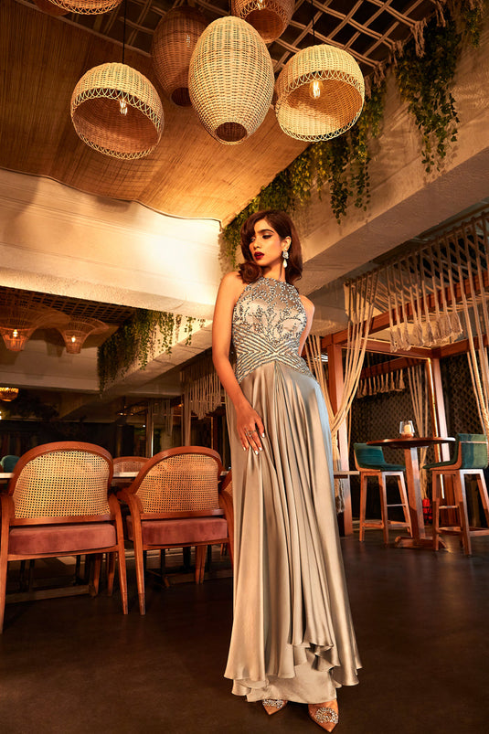 Dove Grey Flared Jumpsuit with Hand Crafted Detailing
