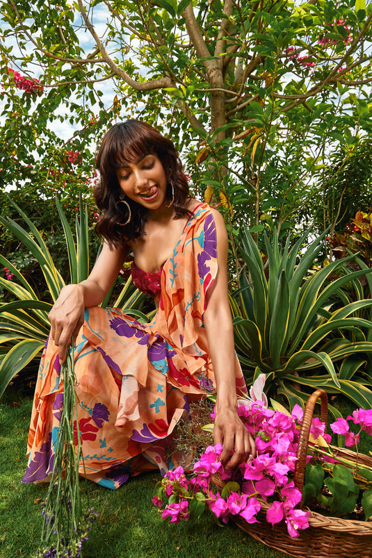 Floral Printed Tiered Saree