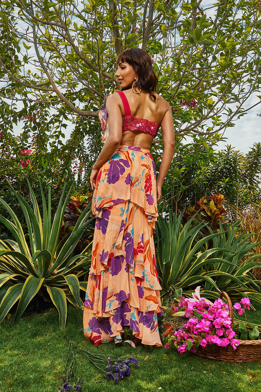 Cerise Pink Embellished Bralette Paired with Floral Printed Ruffle Saree