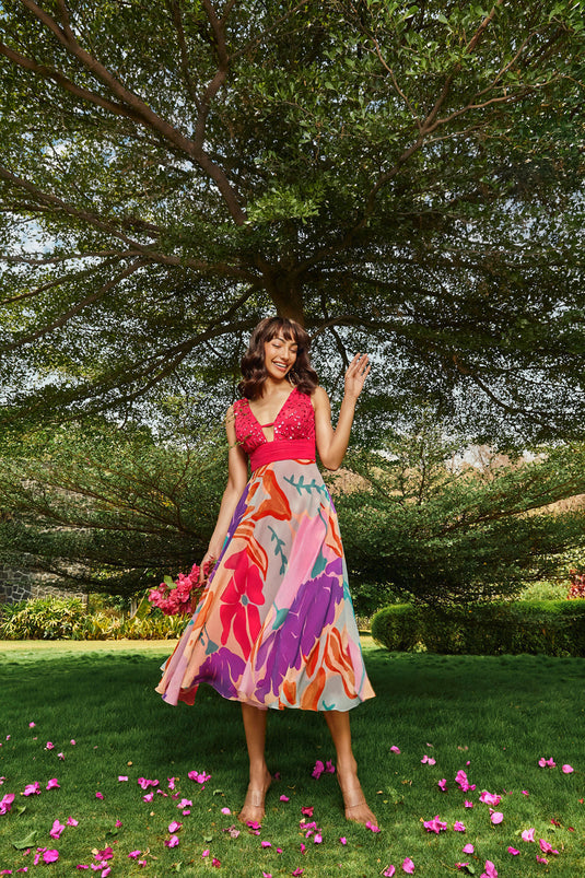 Printed Midi-Dress with Ruched Bodice